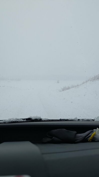 Vy från bilens insida visar snöstorm, snötäckt väg, begränsad sikt, vinterförhållanden.