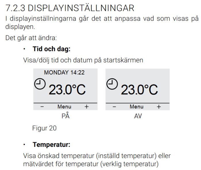 Anvisning, justering av displayinställningar, tid, datum, temperatur, figur 20, på, av, svenska text.