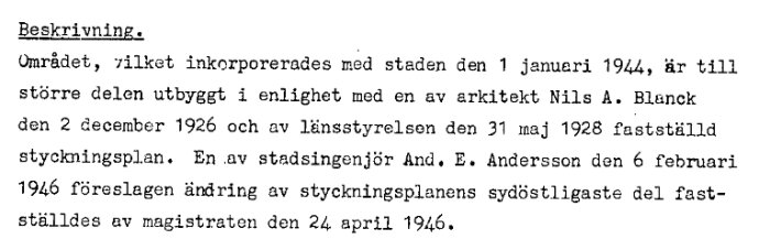 Svartvitt dokument, svensk text, historiskt område, stadsplanering, arkitekt Nils A. Blanck, styckningsförslag, 1940-talet.