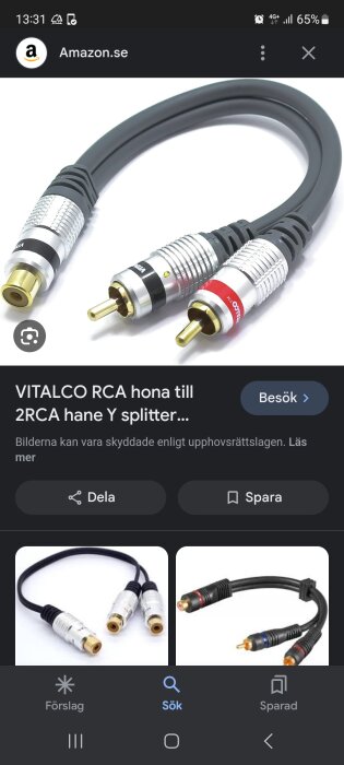 Skärmdump från Amazon.se som visar RCA hona till 2 RCA hane Y-splitterkabel.