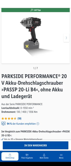 Parkside slagskruvdragare, 20V, utan batteri och laddare, högt rekommenderad av kunder, online shopping-länk.