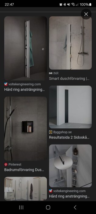 Montage av olika duschar och badrumsförvaringslösningar i modernt, minimalistiskt design.