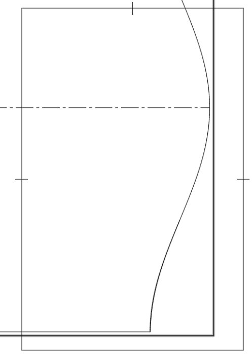 Geometrisk illustration med kurvor och linjalmarkeringar, eventuellt teknisk ritning eller designskiss. Svartvitt.