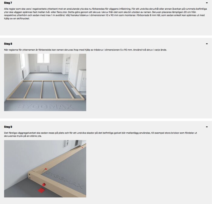 Instruktioner för montering av träram på vägg, med verktyg och komponenter synliga.