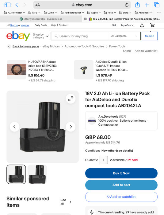 Ebay-listning för ett 18V 2.0 Ah litiumjonbatteri för verktyg, pris i GBP, nytt skick.