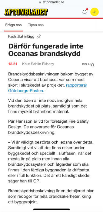 En skärmbild från Aftonbladet om att Oceanas brandskydd inte fungerade under byggnationen, rapporterat av GP.