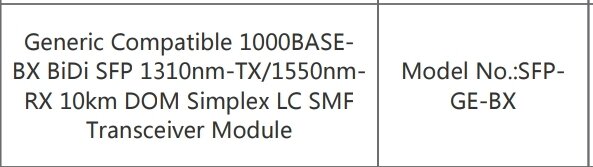 Etikett för generisk kompatibel fibermodul, 1000BASE-BX, BiDi SFP, 10km räckvidd, LC-kontakt, simplex SMF.