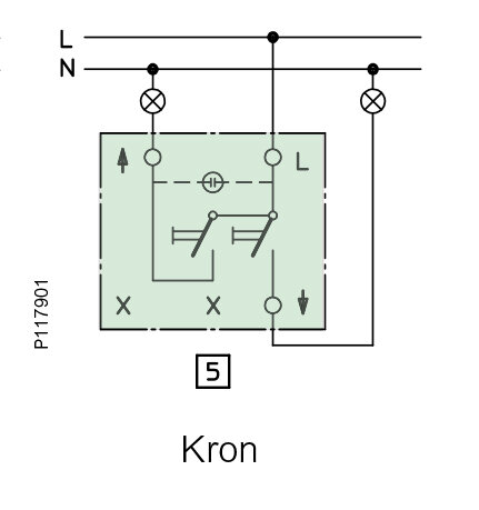 Elektriskt kretsschema med symboler för strömbrytare, lampor, och jordning. Märkt "Kron".