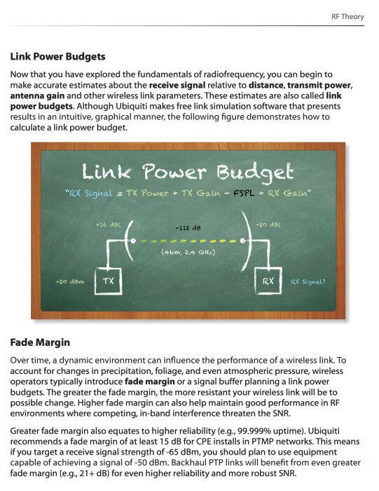 Bild på en presentation om länkströmbudgetar och mottaget signalvärde för trådlösa nätverk med RF-teoribakgrund.