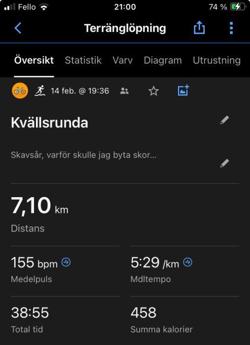 Kvällslöpning, 7,10 km, medelpuls 155 bpm, tempo 5:29/km, tid 38:55, 458 kalorier, terränglöpningsaktivitet i träningsapp.