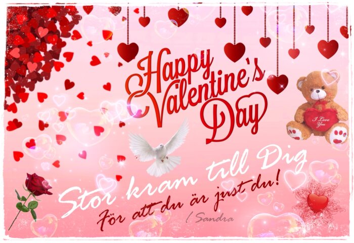 Allahjärtansdag-hälsning med hjärtan, nalle, ros och text på svenska. Romantik, kärlek, due och glittereffekter.