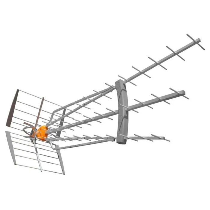 Yagi-Uda antenn, grå, isolerad bakgrund, orange detaljer, används för TV-signal mottagning.