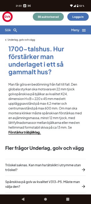 En skärmbild från en webbsida om förstärkning av underlag i gamla hus, teknisk information, mobilgränssnitt.