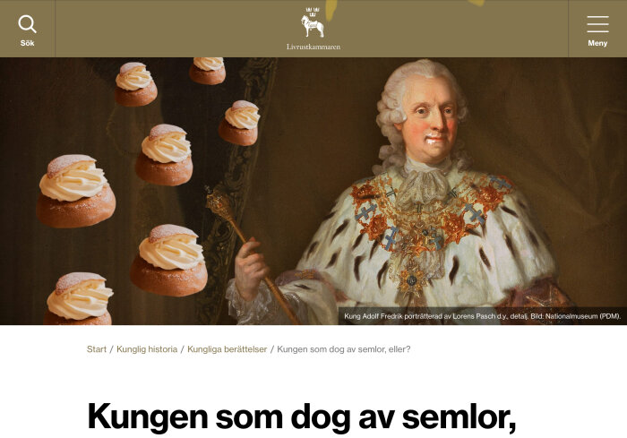 Målning av kung, omgiven av semlor, historisk referens, kulturell anspelning, kontrast mellan dåtid och nutid.