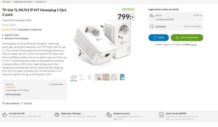 E-handelssida med TP-Link powerline adapters, produktinformation, pris 799 kronor, kundrecensioner, köpalternativ.
