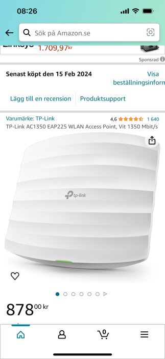 E-handelssida visar TP-Link AC1350 EAP225 trådlös accesspunkt till försäljning, pris 878 kr.