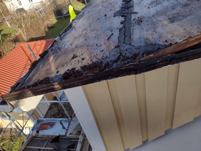Slitet tak, mögel, förfall, utomhus, byggställning, trädgård i bakgrund, renoveringsbehov.
