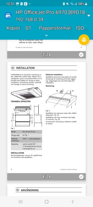 Instruktionsmanual på en skärm visande installation av köksutrustning med tekniska specifikationer och diagram.