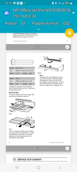 Skärmavbild av manual för produktservice på en mobil enhet, innefattande text och illustrationer.