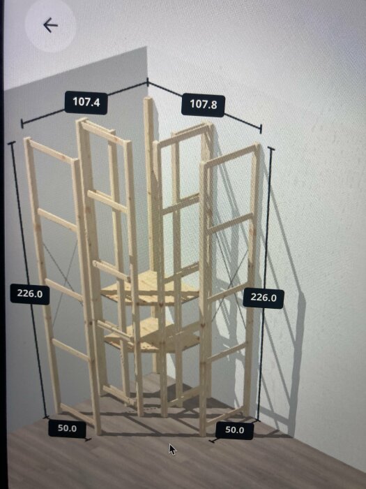 Träställning med måttangivelser i en virtuell miljö, möjligen för design eller konstruktionssyften.