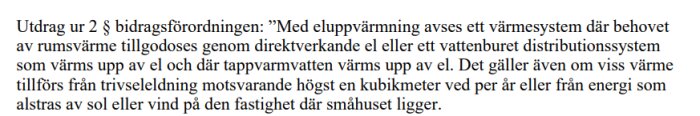 Svensk text från en bidragsförordning om eluppvärming och energiförbrukning i fastigheter.
