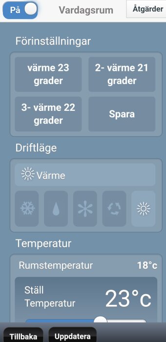 App för smart hem-styrning, visar temperaturinställningar och -lägen, på svenska, användargränssnitt med knappar.