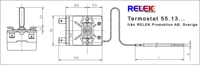 Teknisk ritning av en termostat med måttangivelser, från RELEK Produktion AB, Sverige.
