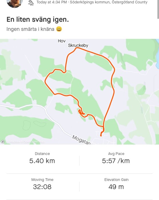 En löprunda på 5,40 km, tid 32:08, snitthastighet 5:57/km, höjdökning 49 m.