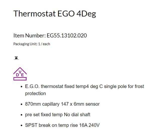 Produktinformation för EGO-termostat, skydd mot frost, fast temperatur, inget vred, enpolig, 870mm kapillär.