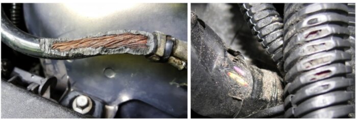 Två bilder som visar slitage på fordon: frilagda elektriska kablar och skadad slang eller leder.