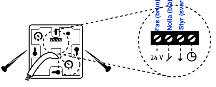 Schema för elanslutning med terminalblock, kopplingsanvisning, fas (brun), nolla (blå), styr (svart), 24 V.