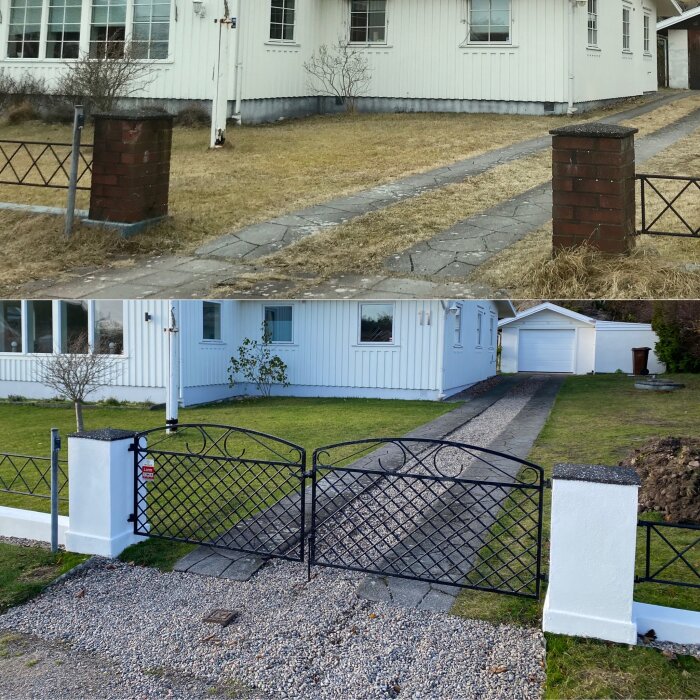 Före och efter renovering av hus och trädgård, nytt staket, grön gräsmatta, målad fasad och garageport.