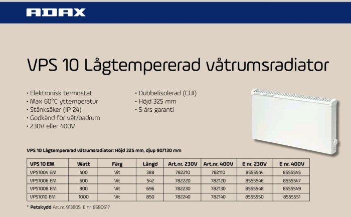 Produktblad för Adax VPS 10 lågtempererad värmespradiator med specifikationer och artikelnummer.