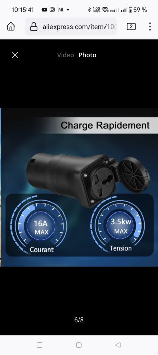 Eladapter för fordon, svart, med specifikationer 16A och 3.5kW, "Charge Rapidement" text, blå bakgrundsbelysning.