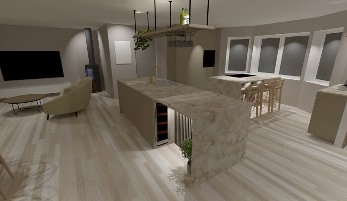Modernt vardagsrum och kök, minimalistisk design, öppen planlösning, neutral färgpalett, inbyggd vinkyl, stilrena möbler.