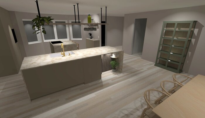Modernt kök, köksö, marmorbänkskiva, hängande lampor, skåp, trägolv, matplats, inredningsdesign, fönster, 3D-rendering.
