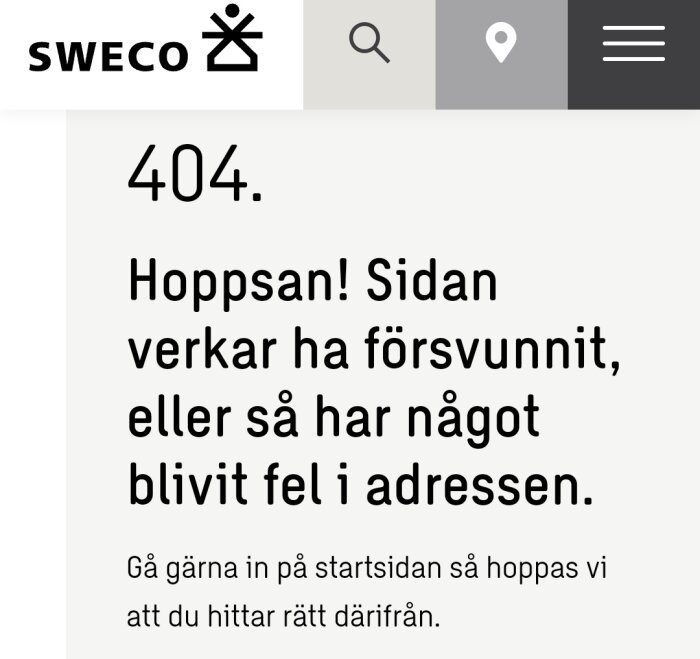 404-felmeddelande, webbsida saknas eller fel adress, rekommenderar startsidan, Sweco-logotyp.