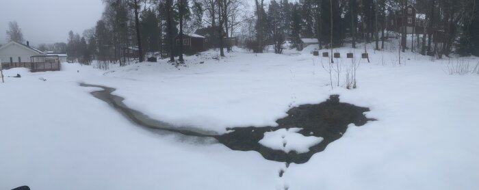 Vintrig landskap, snötäckt mark, issörja i bäck, grå himmel, träd, hus, lugn atmosfär, dimmigt, panoramavy.