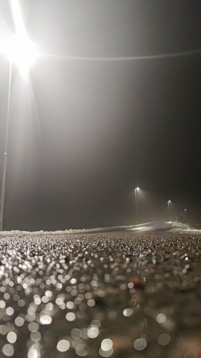 Nattbild, väg, ljusstolpar, reflekterande ljus på våt asfalt, disig atmosfär, gatubelysning, öde, mörker runtomkring.