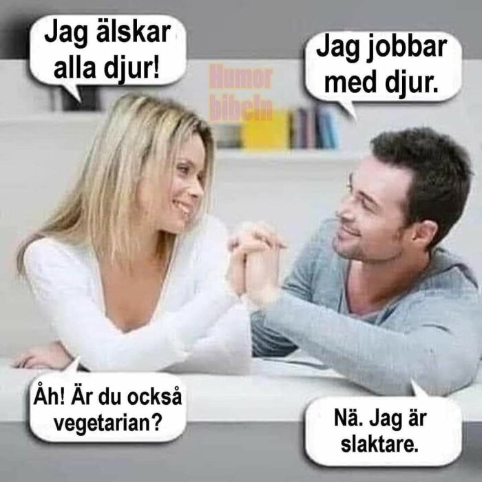 Två personer pratar. Dialog skapar ironisk kontrast mellan kärlek till djur och att vara slaktare. Humoristisk bild.