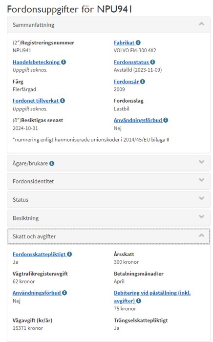 Svenska fordonsuppgifter för en Volvo lastbil, inkluderar registreringsnummer, status och skatteinformation.