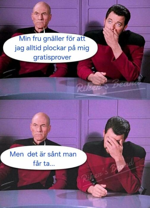 Två personer i Star Trek-uniformer med pratbubblor innehållande text på svenska, en humoristisk skämtbild.