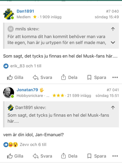 Skärmdump av ett forum, användare diskuterar idol, nämner "Musk-fans", profilbilder och användarnamn syns.