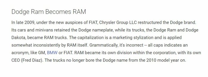 Text om Dodge Rams omvandling till RAM under FIAT:s ledning och nytt varumärkesnamn från 2010.