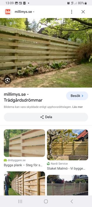 Skärmdump från en mobil visar webbsidor med trästaket, bygginstruktioner och trädgårdsinspiration.