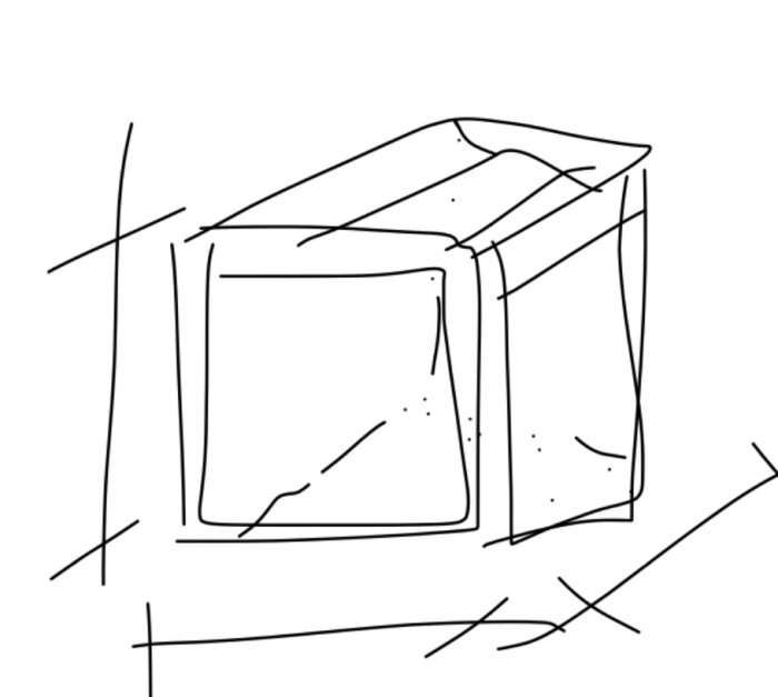 Enkel skiss av en tredimensionell öppen låda, streckteckning, vit bakgrund, odefinierade kanter, abstrakt form.