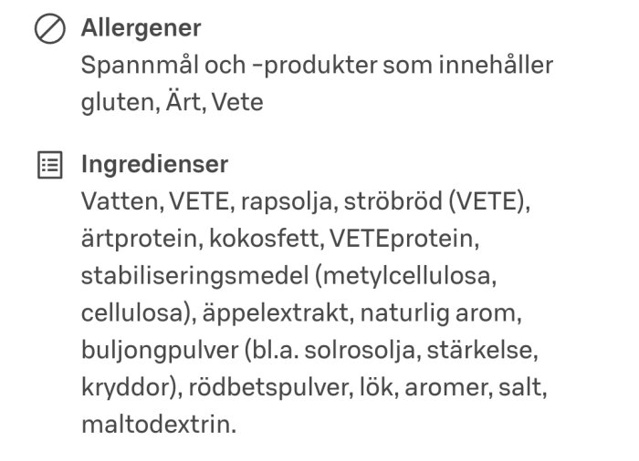 Etikett med allergener och ingredienser, gluten innehållande spannmålsprodukter, vete, och ärtor listade.