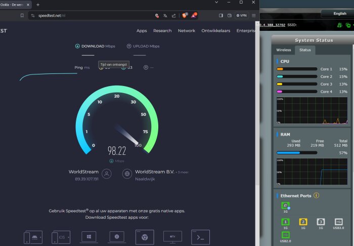 Skärmbild av internethastighetstest på Speedtest.net med resultat på 98.22 Mbps nedladdning och systemstatuspaneler.