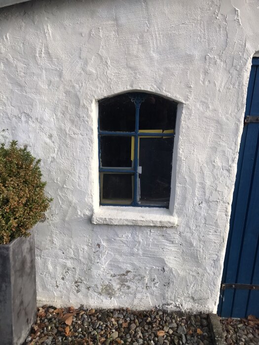 Gammalt fönster, blå korspost, vit vägg, grov puts, blå dörrkant, grus, buske.