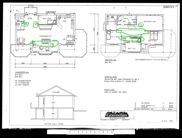 Arkitektonisk ritning, husplan, markerade sektioner, två våningar, snittvy, dimensioner, svenska texter, ventilationsschema, skalenlig.